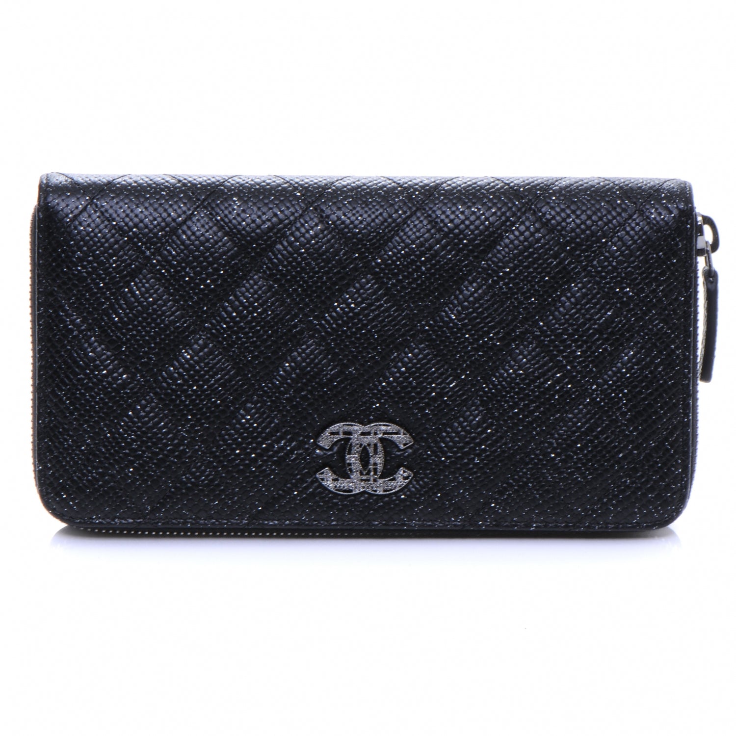 Chanel Glittered Calfskin Quilted Large Gusset Zip Wallet Black 1 of 8