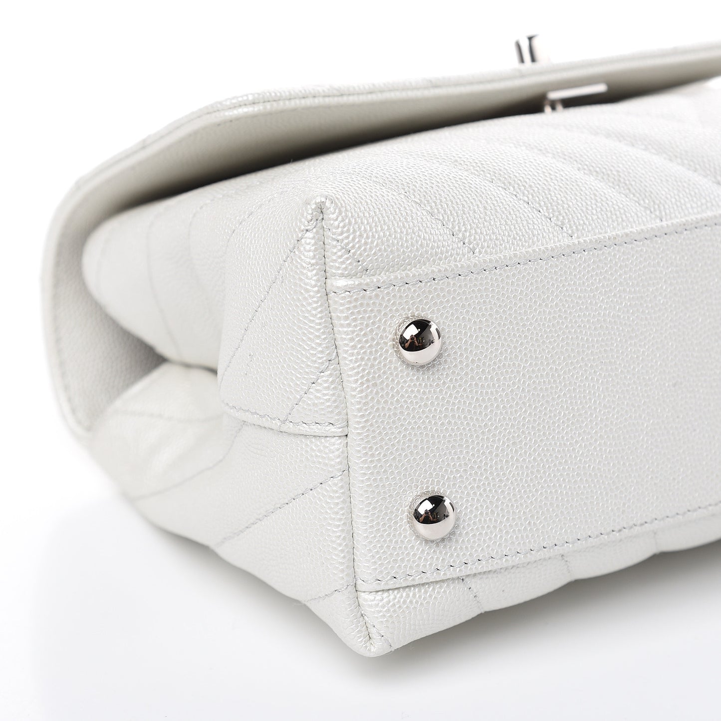 Iridescent Caviar Chevron Quilted Mini Coco Handle Flap White