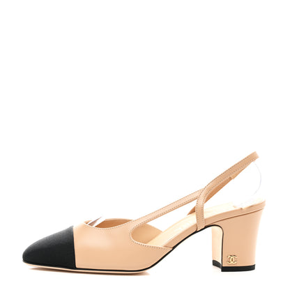 Chanel Calfskin Grosgrain Cap Toe CC Slingback Pumps 38 Beige Black 1 of 9