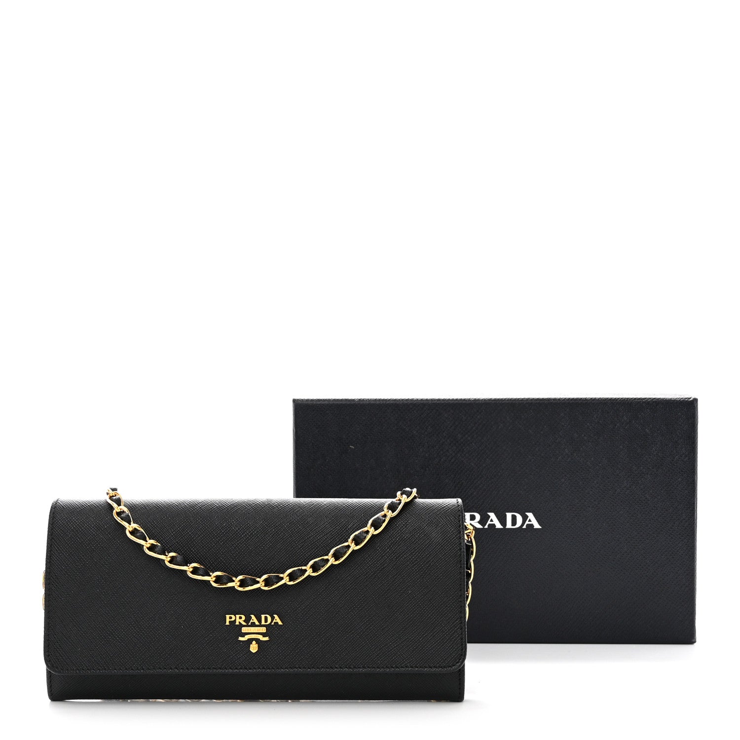 Prada Saffiano Metal Oro Chain Wallet Black 11 of 11