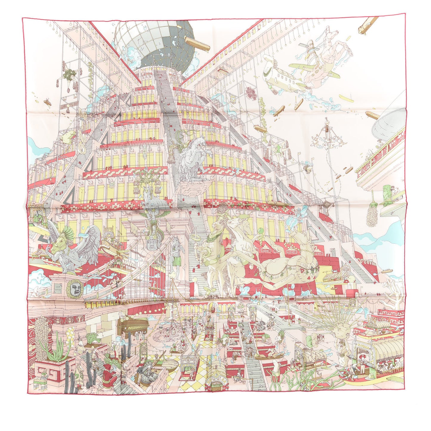 Silk La Legende Du Cheval A Plumes Scarf 90 Rose Pale Jaune Vif Turquoise
