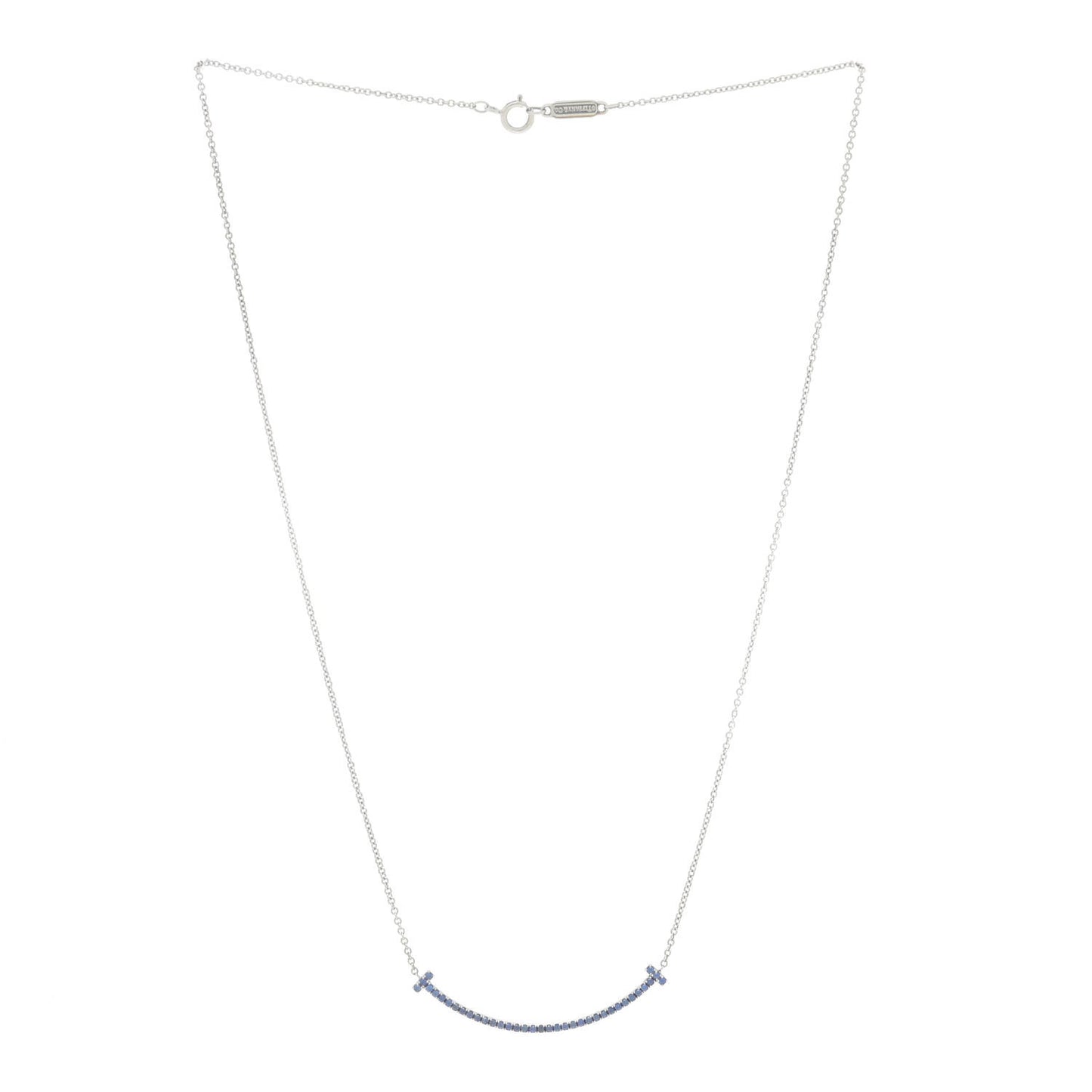 18K White Gold Blue Sapphire Small T Smile Pendant Necklace