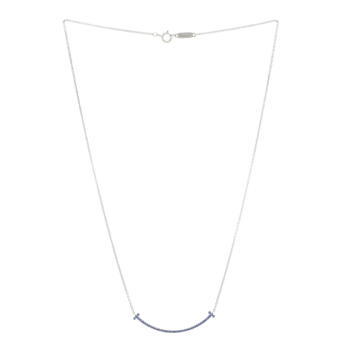 Tiffany 18K White Gold Blue Sapphire Small T Smile Pendant Necklace 3 of 7