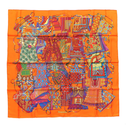 Hermes Silk Voyage En Etoffes Scarf 90 Orange Violet Jaune 1 of 6