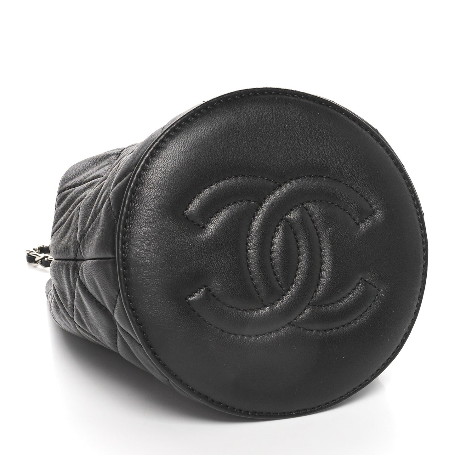 Lambskin Quilted CC Drawstring Bucket Bag Black