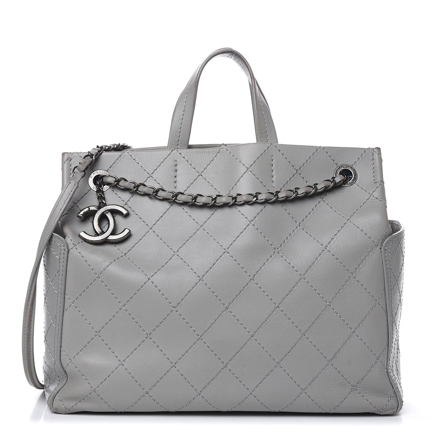 Grained Calfskin Small CC Pocket Tote Grey