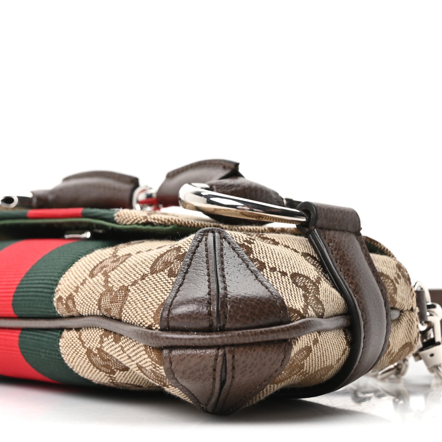 Gucci Monogram Textured Dollar Calfskin Heavy Grosgrain Web Small Maxi Horsebit Chain Shoulder Bag Beige Ebony New Acero 9 of 9