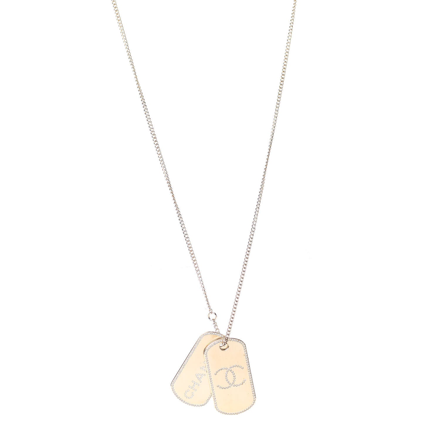 Chanel Metal Crystal Dog Tag Charm Necklace Gold 1 of 7