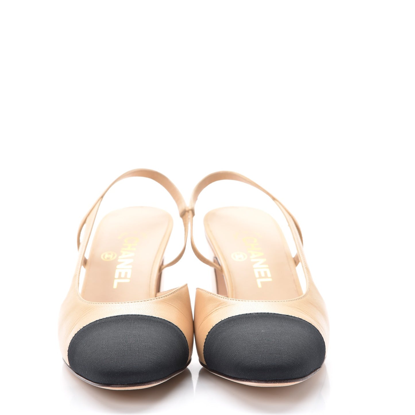Lambskin Grosgrain Cap Toe CC Slingback Pumps 38.5 Beige Black