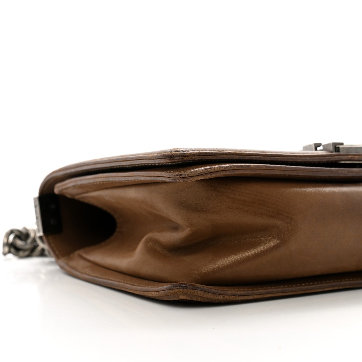 Iridescent Calfskin Embellished Double Stitch Medium Boy Flap Light Brown