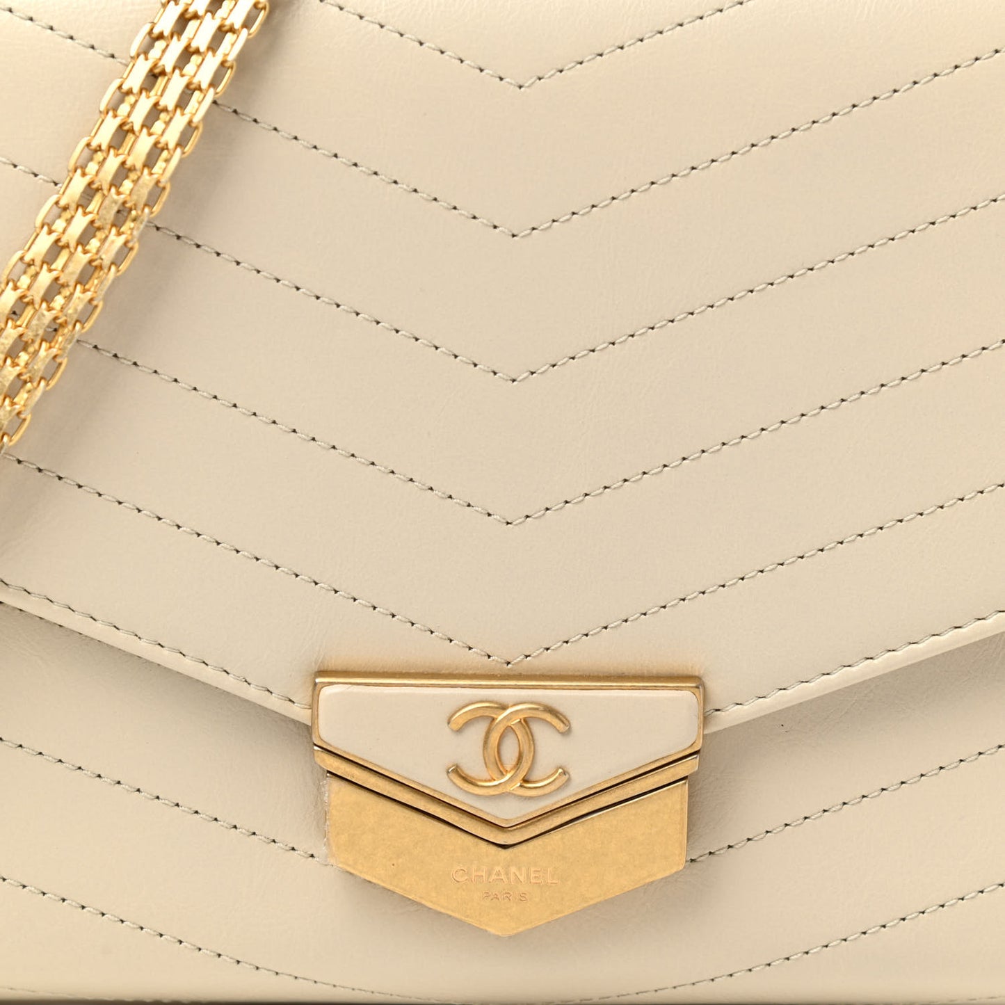 Calfskin Chevron Quilted Medal Flap Beige