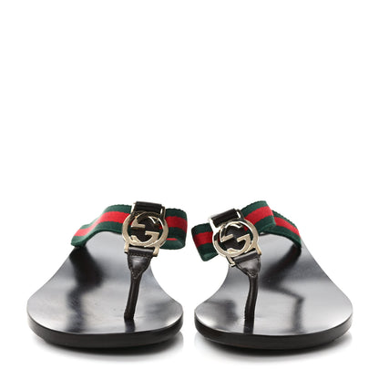 Gucci Nylon Calfskin Web Womens Thong Low Heel Sandals 7.5 Green Red Cocoa 3 of 8