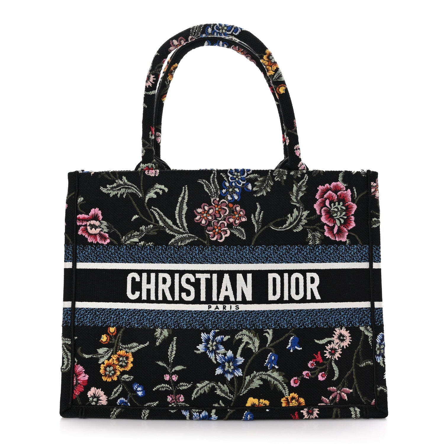 Christian Dior Raffia Embroidered Petites Fleurs Medium Book Tote Navy Blue Multicolor 1 of 10