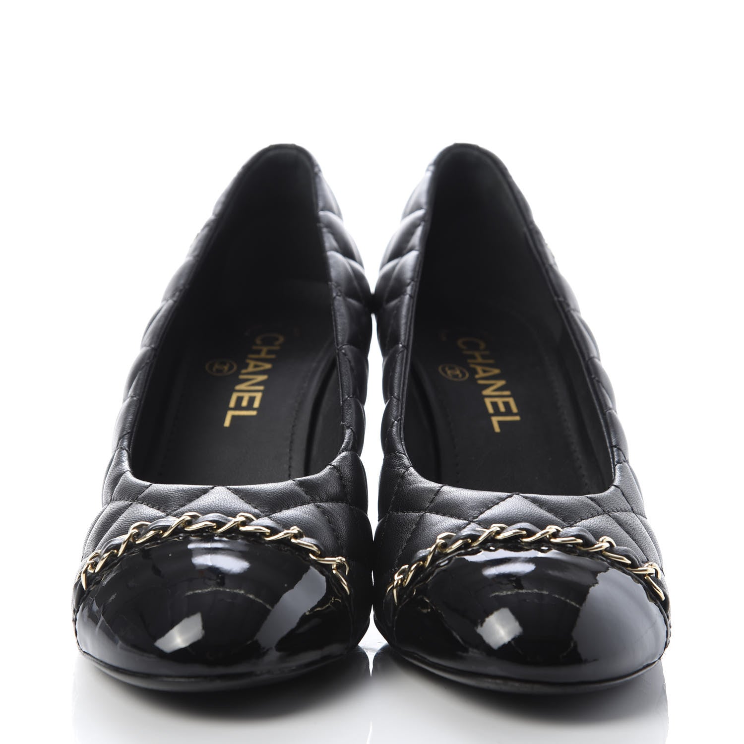 Chanel Lambskin Patent Cap Toe Chain Pumps 37.5 Black 2 of 10