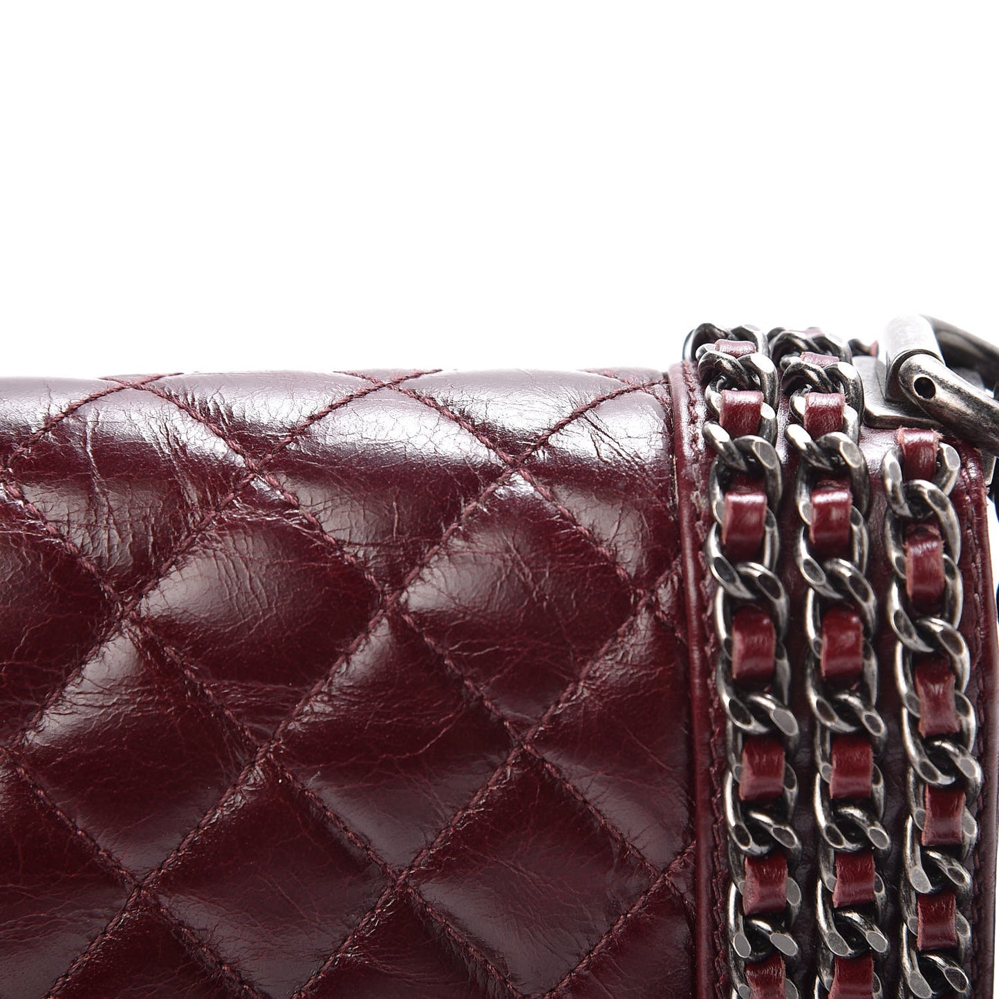 Glazed Calfskin Quilted Small Boy Chained Flap Burgundy