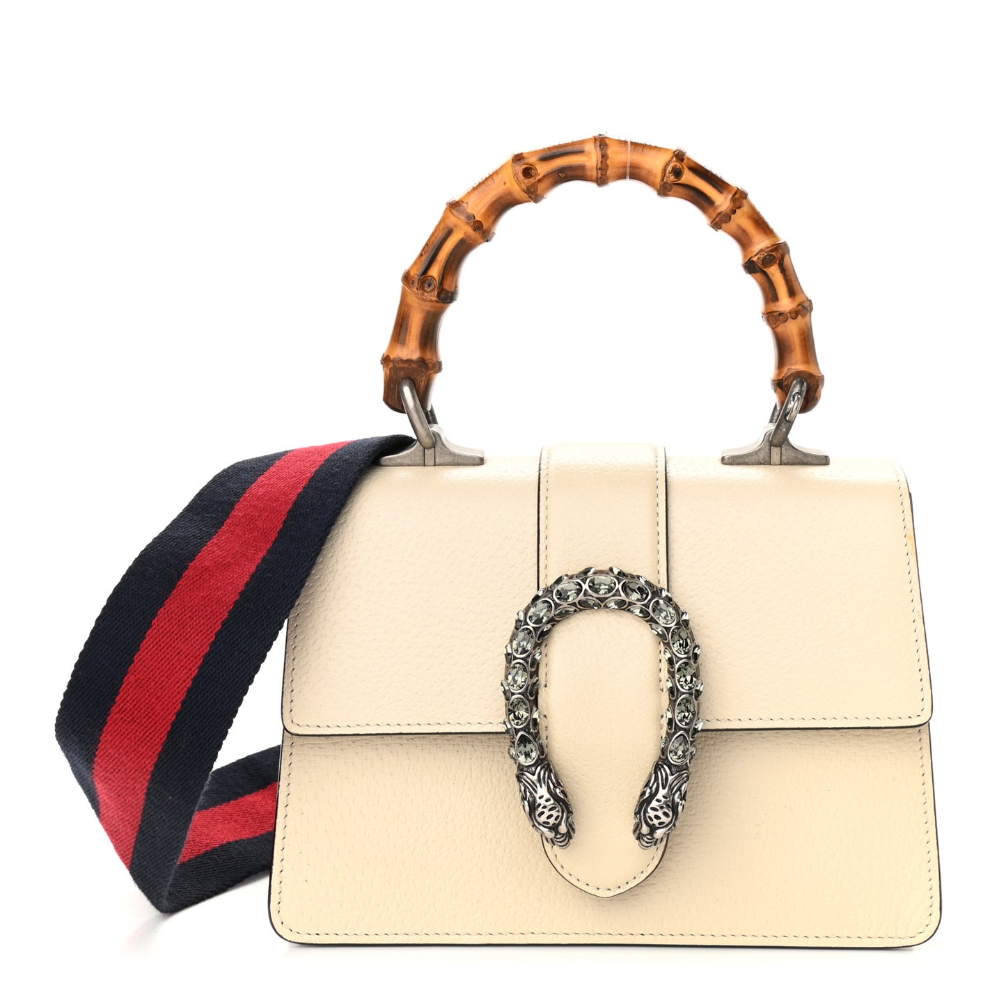 Textured Calfskin Crystal Bamboo Web Mini Dionysus Top Handle Bag Mystic White