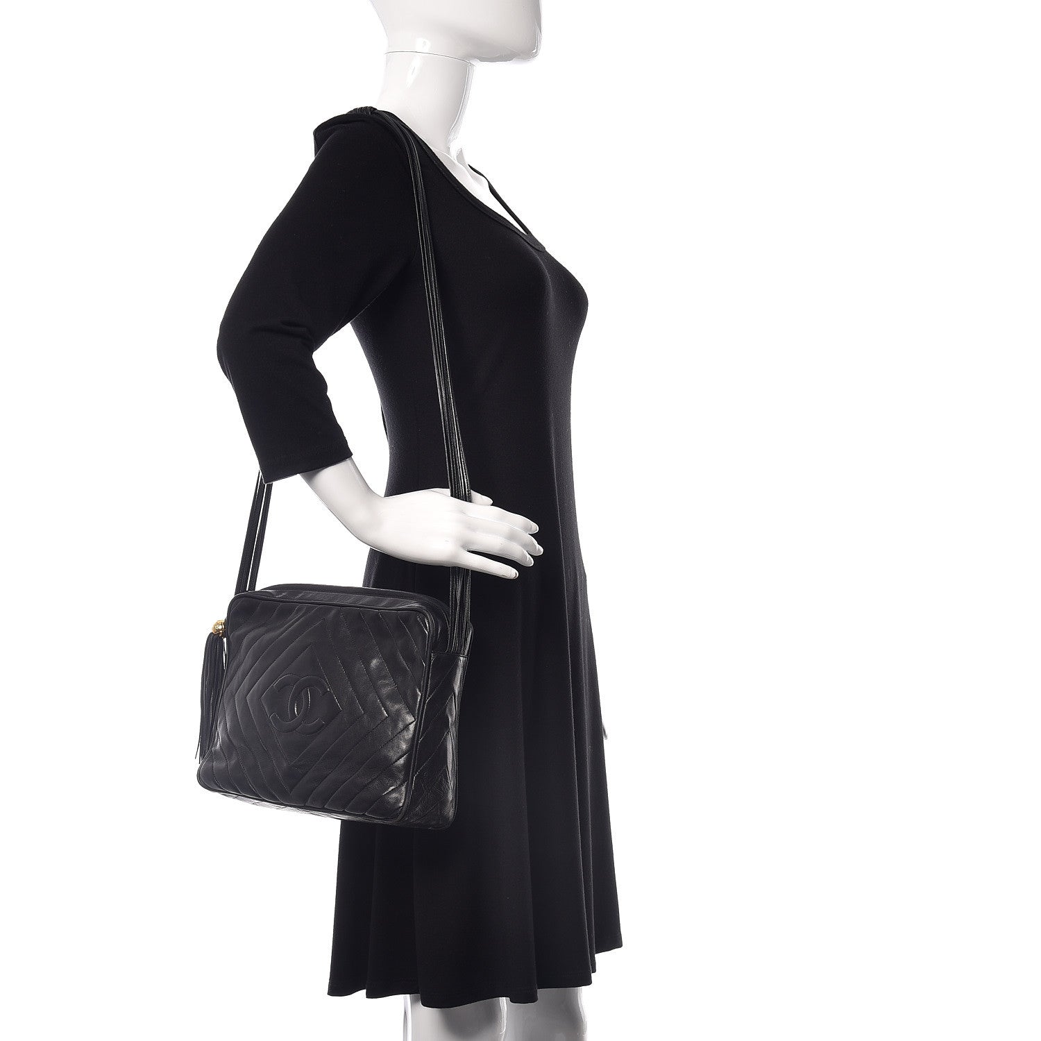 Chanel Lambskin Chevron Quilted Tassel Camera Case Black 2 of 16