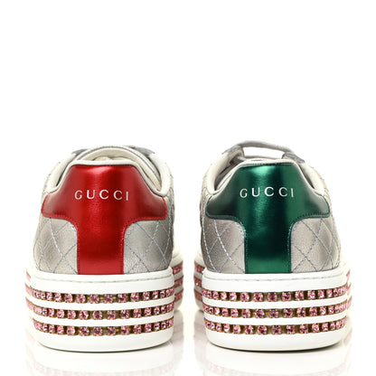Gucci Laminated Nappa Crystal Web Bee Embroidered Trapuntata Womens Ace Platform Sneakers 38.5 Argento 5 of 16