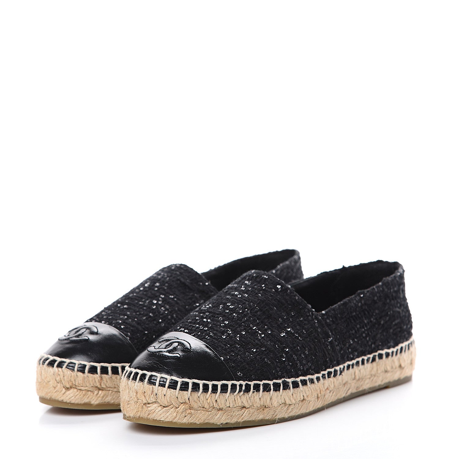 Chanel Tweed Patent Goatskin Sequin CC Espadrilles 37 Black 3 of 12