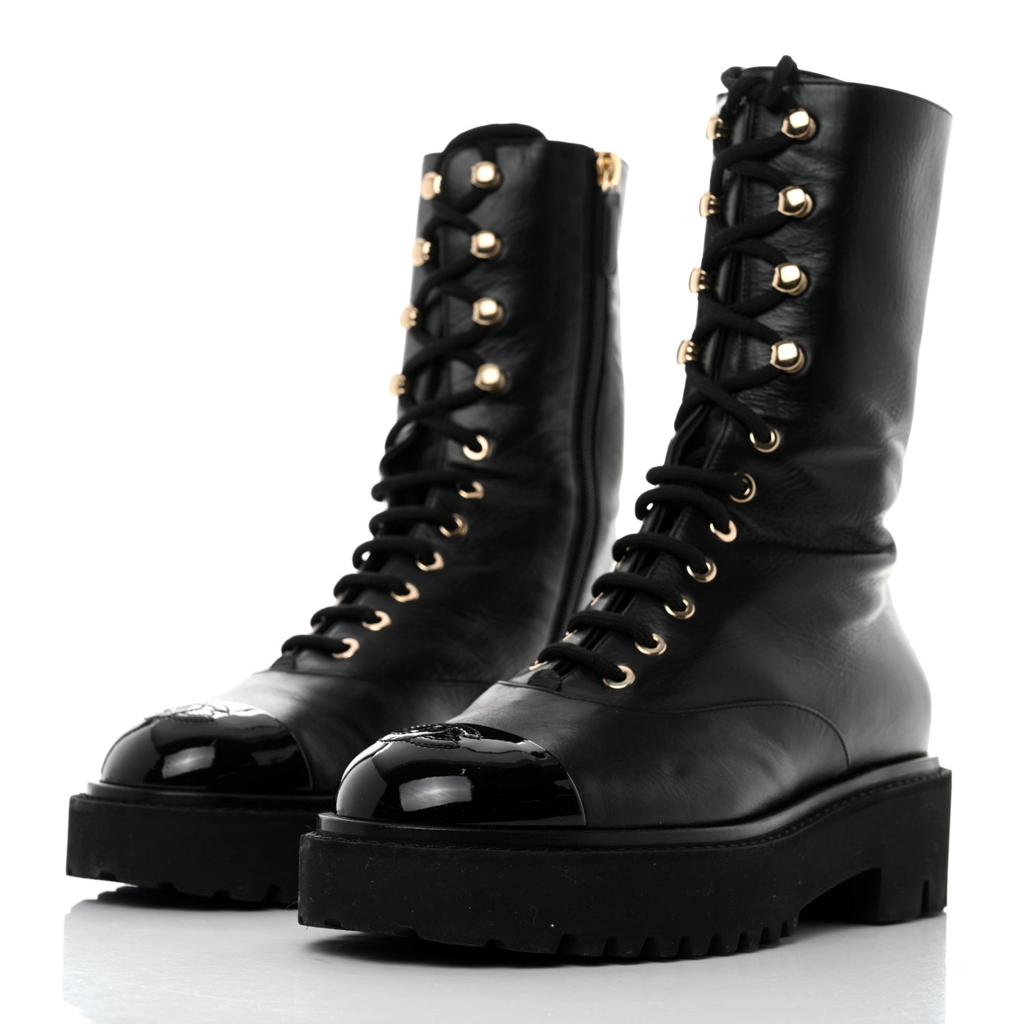 Crumpled Calfskin Patent Cap Toe Lace Up Combat Boots 38 Black