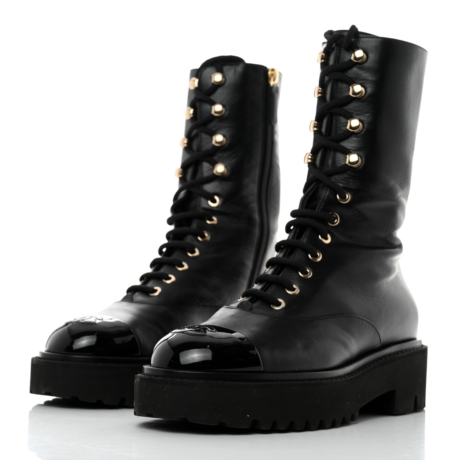 Chanel Crumpled Calfskin Patent Cap Toe Lace Up Combat Boots 38 Black 3 of 8