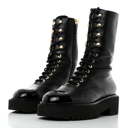 Chanel Crumpled Calfskin Patent Cap Toe Lace Up Combat Boots 38 Black 3 of 8