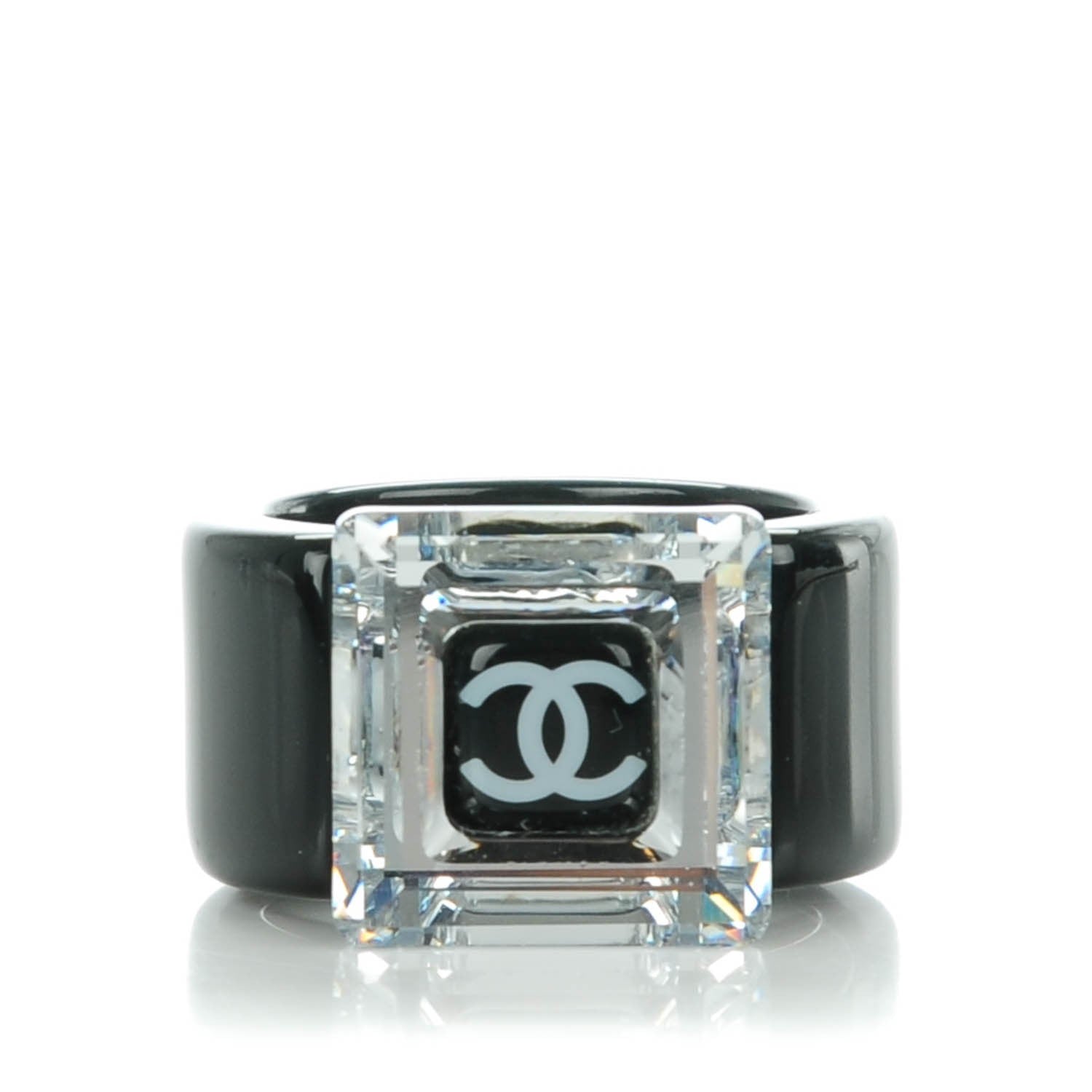 Chanel Rasin Crystal CC Square Charm Ring 7 Black 1 of 5