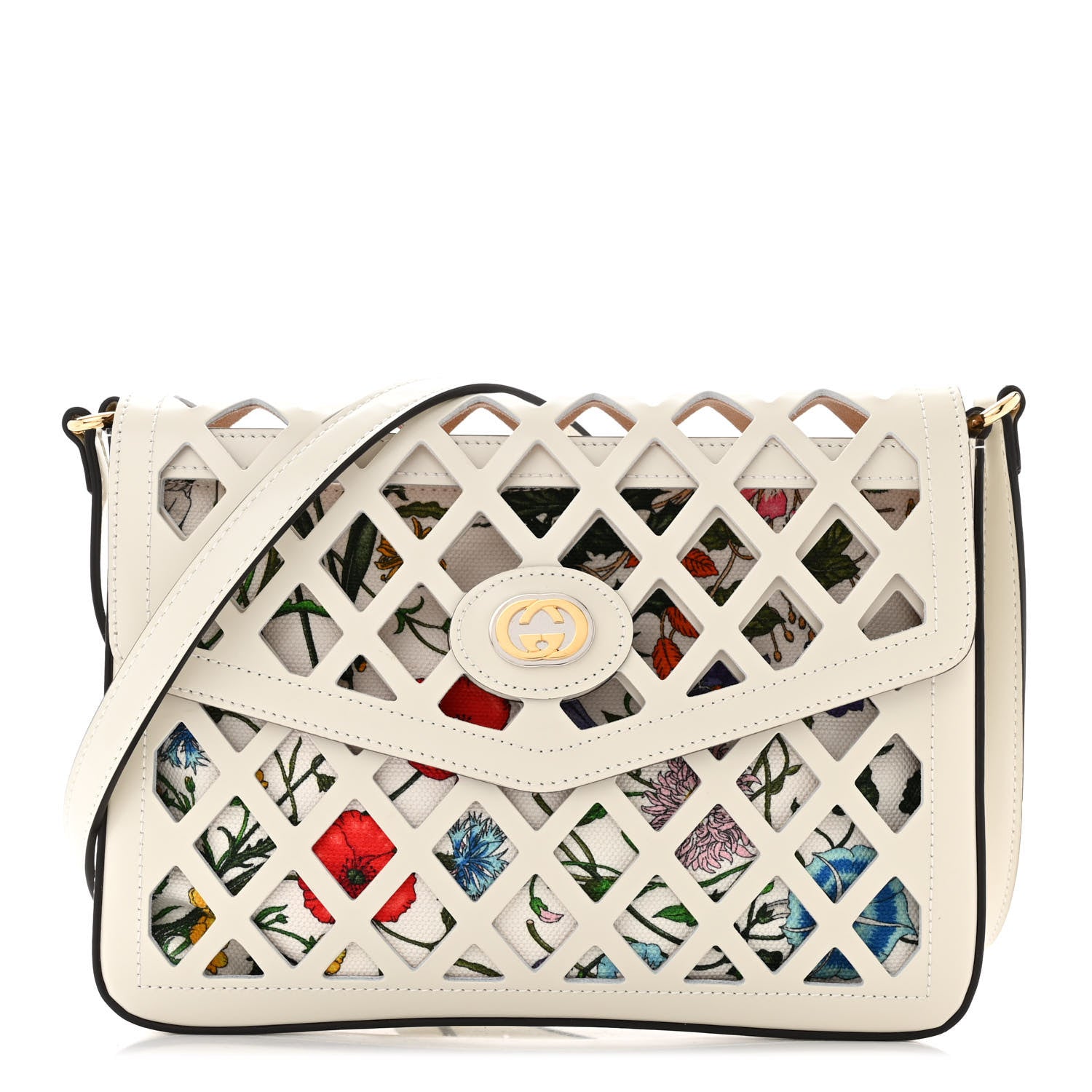 Gucci Canvas Flora Floral Calfskin Medium Cutout Shoulder Bag White Multicolor 1 of 12