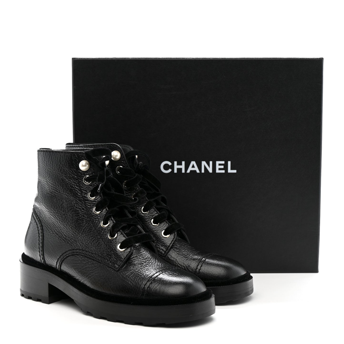 Shiny Calfskin Velvet Pearl Combat Short Boots 38 Black