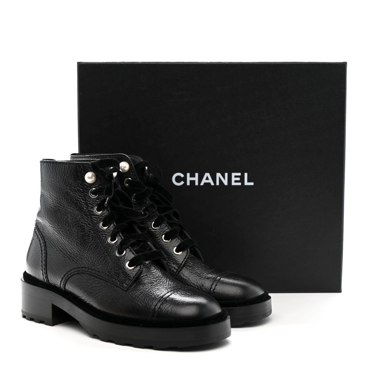 Chanel Shiny Calfskin Velvet Pearl Combat Short Boots 38 Black 4 of 10