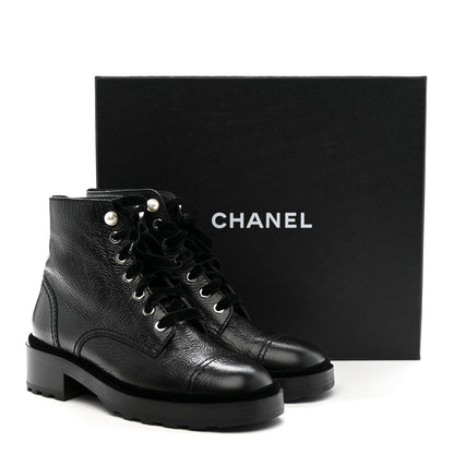 Chanel Shiny Calfskin Velvet Pearl Combat Short Boots 38 Black 4 of 10