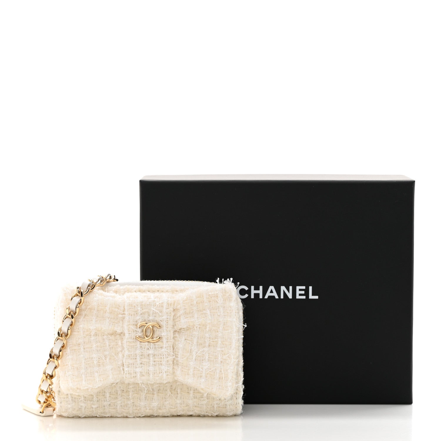Chanel Tweed Quilted Bow Flap Card Holder On Chain White 12 of 13