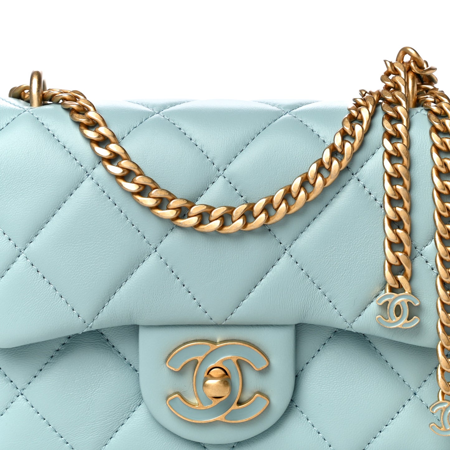 Lambskin Enamel Quilted Mini Pending CC Square Flap Light Blue