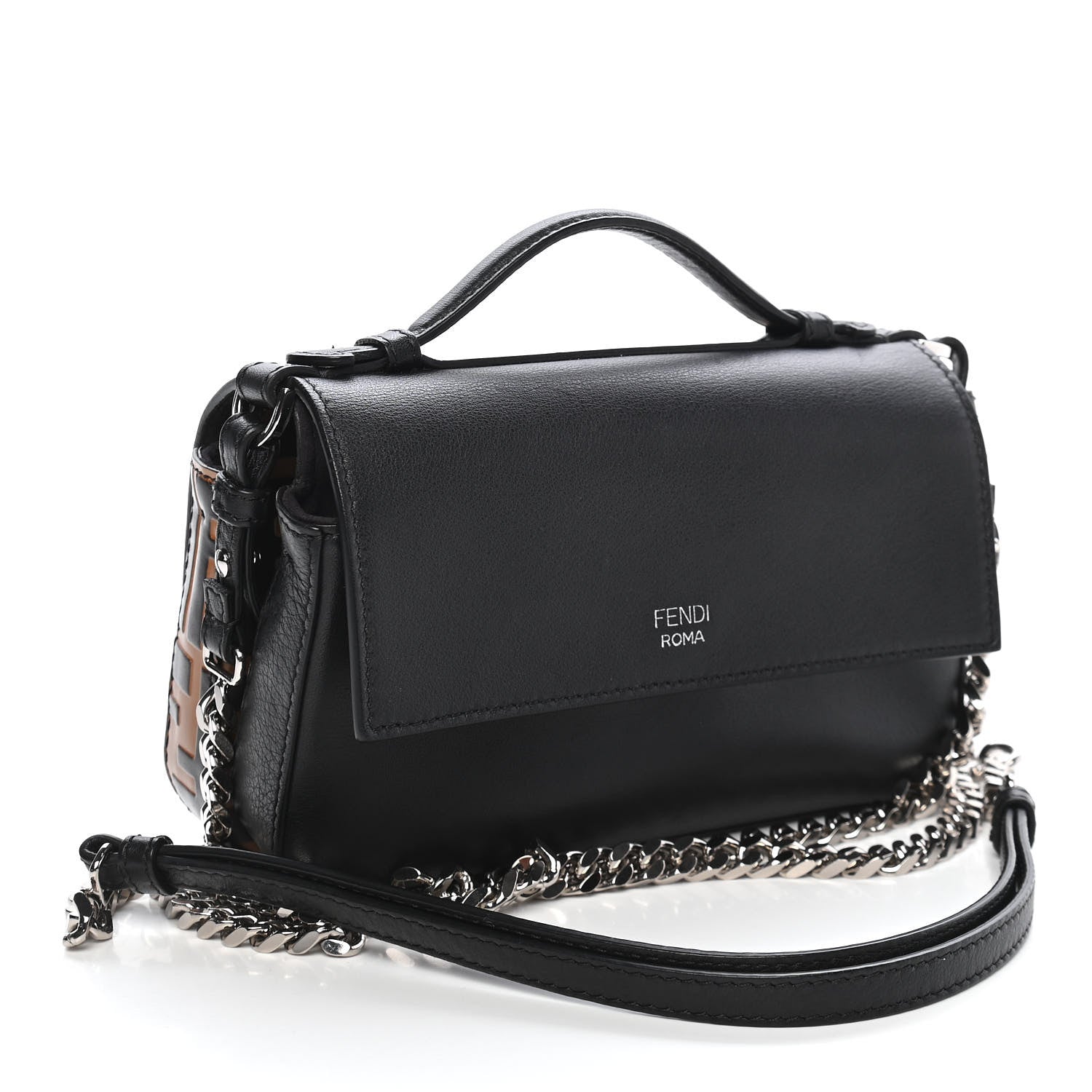 Fendi Vitello Dolce F is Fendi FF Embossed Micro Double Baguette Tobacco Black 3 of 9