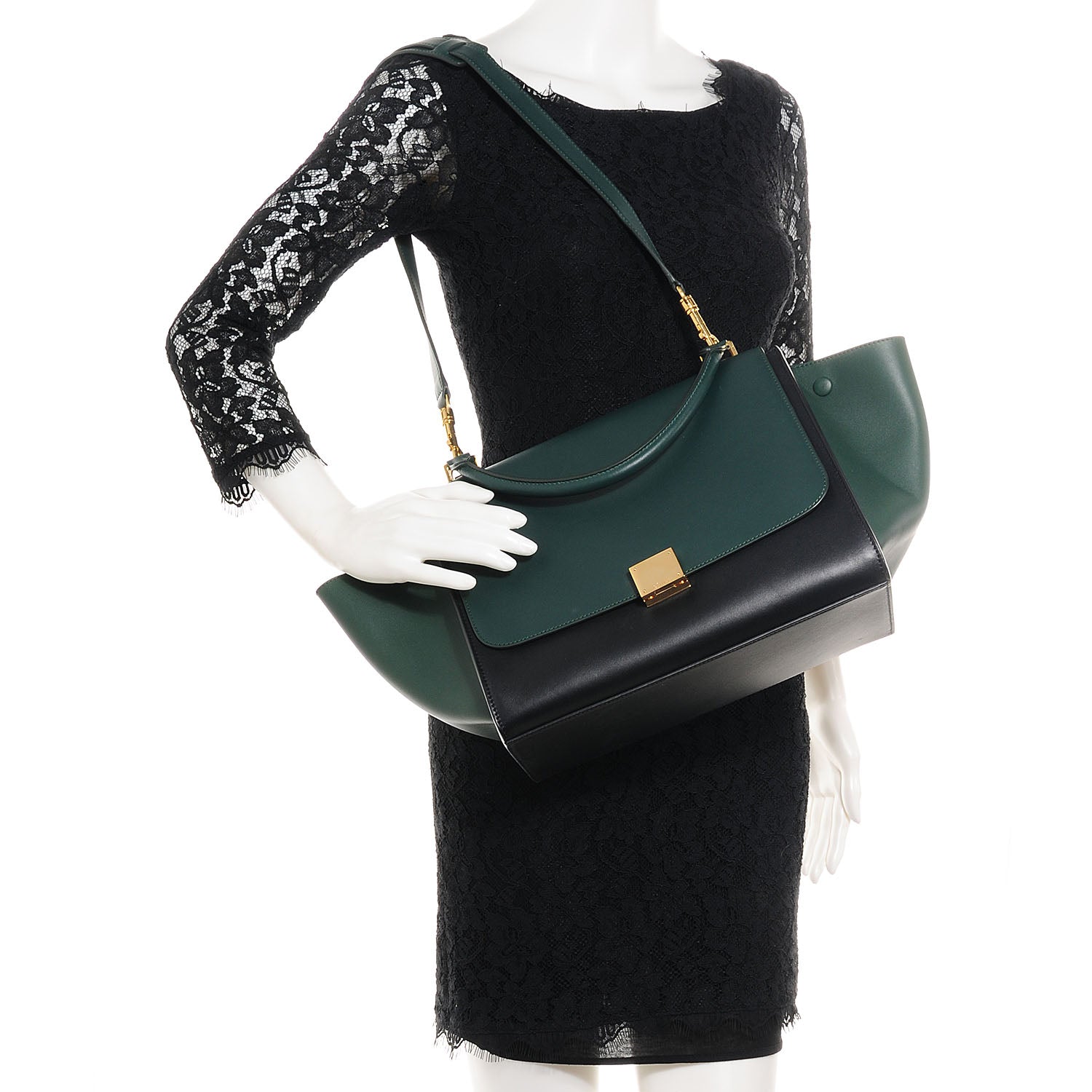 Celine Smooth Calfskin Small Bi-Color Trapeze Bottle Green Black 2 of 12