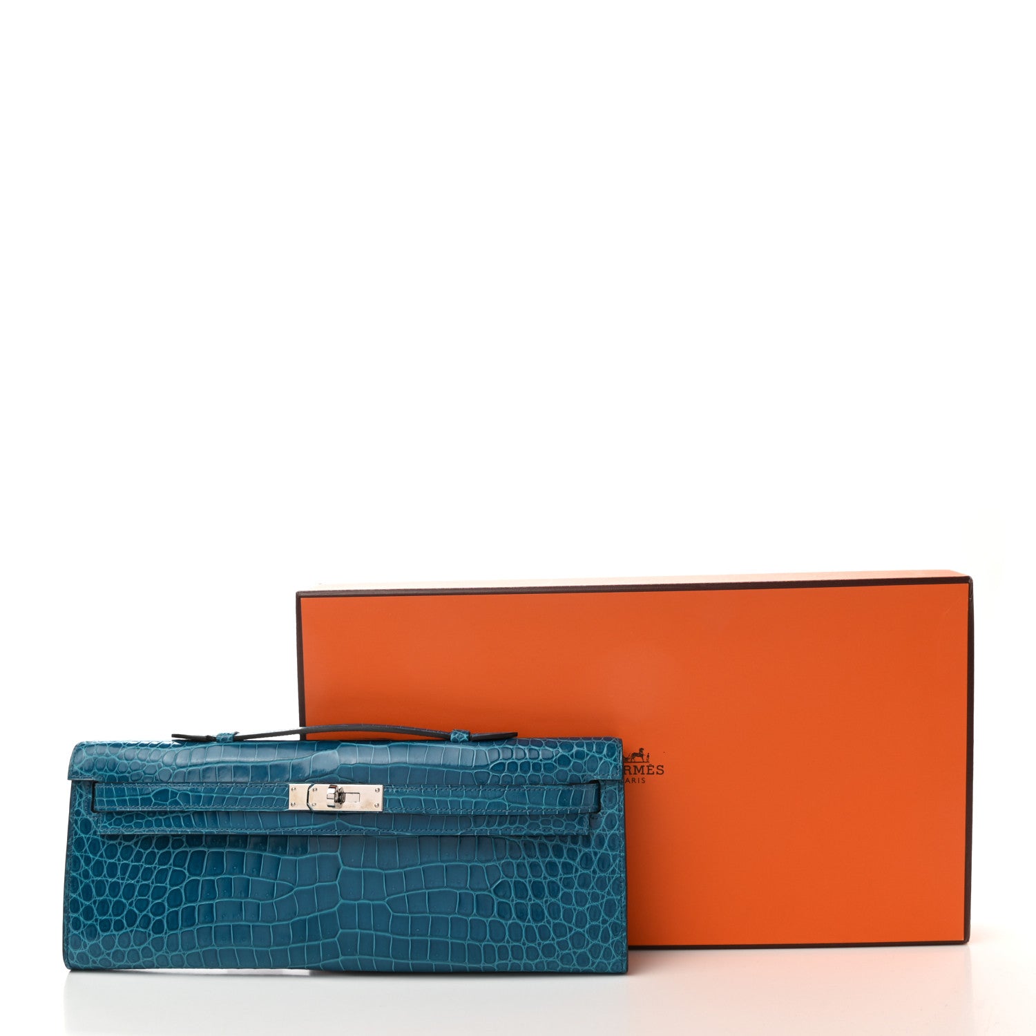 Hermes Shiny Porosus Crocodile Kelly Cut Pochette Bleu Izmir 7 of 7