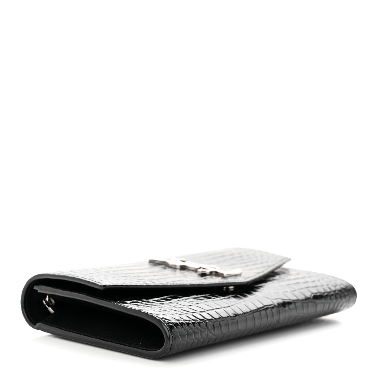 Saint Laurent Calfskin Crocodile Embossed Monogram Uptown Chain Wallet Black 4 of 12