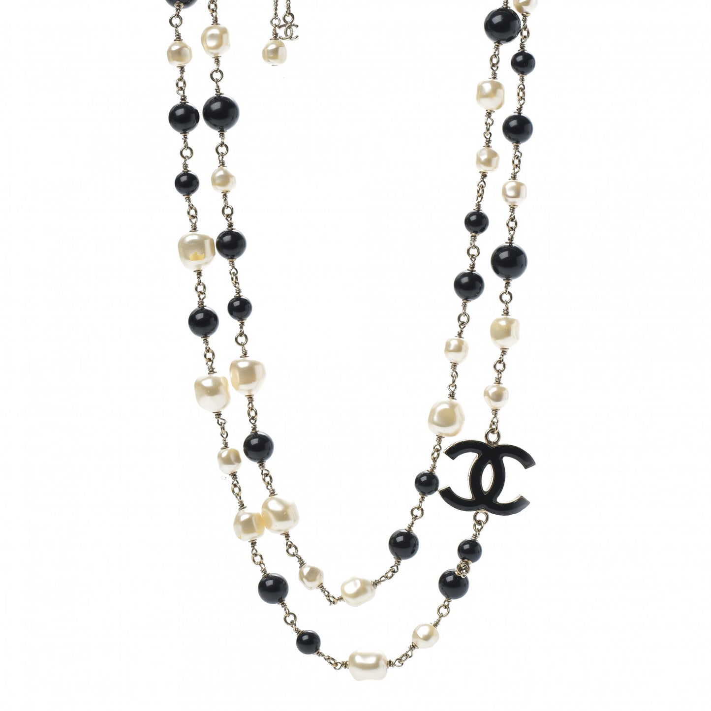 Pearl Bead Enamel CC Long Necklace Black Light Gold