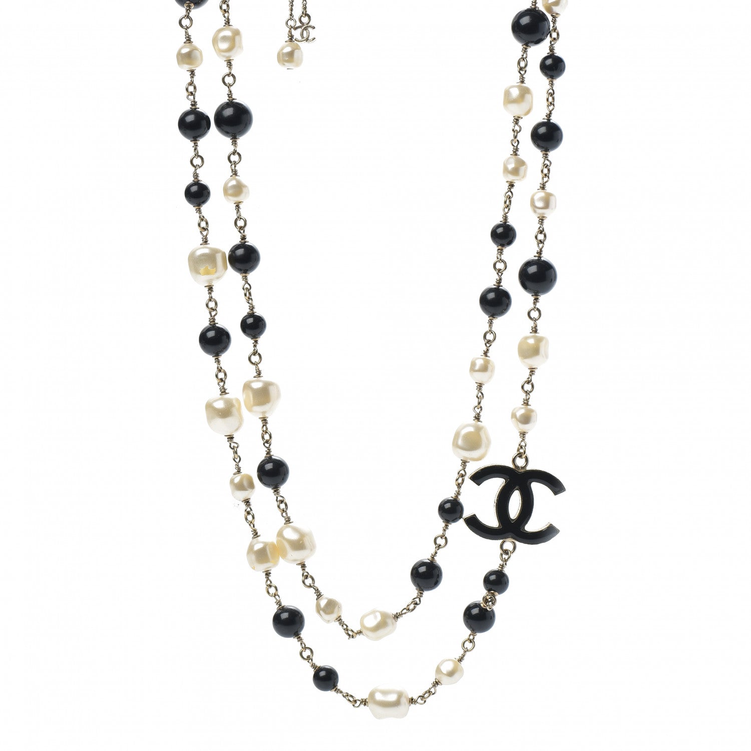Chanel Pearl Bead Enamel CC Long Necklace Black Light Gold 1 of 5