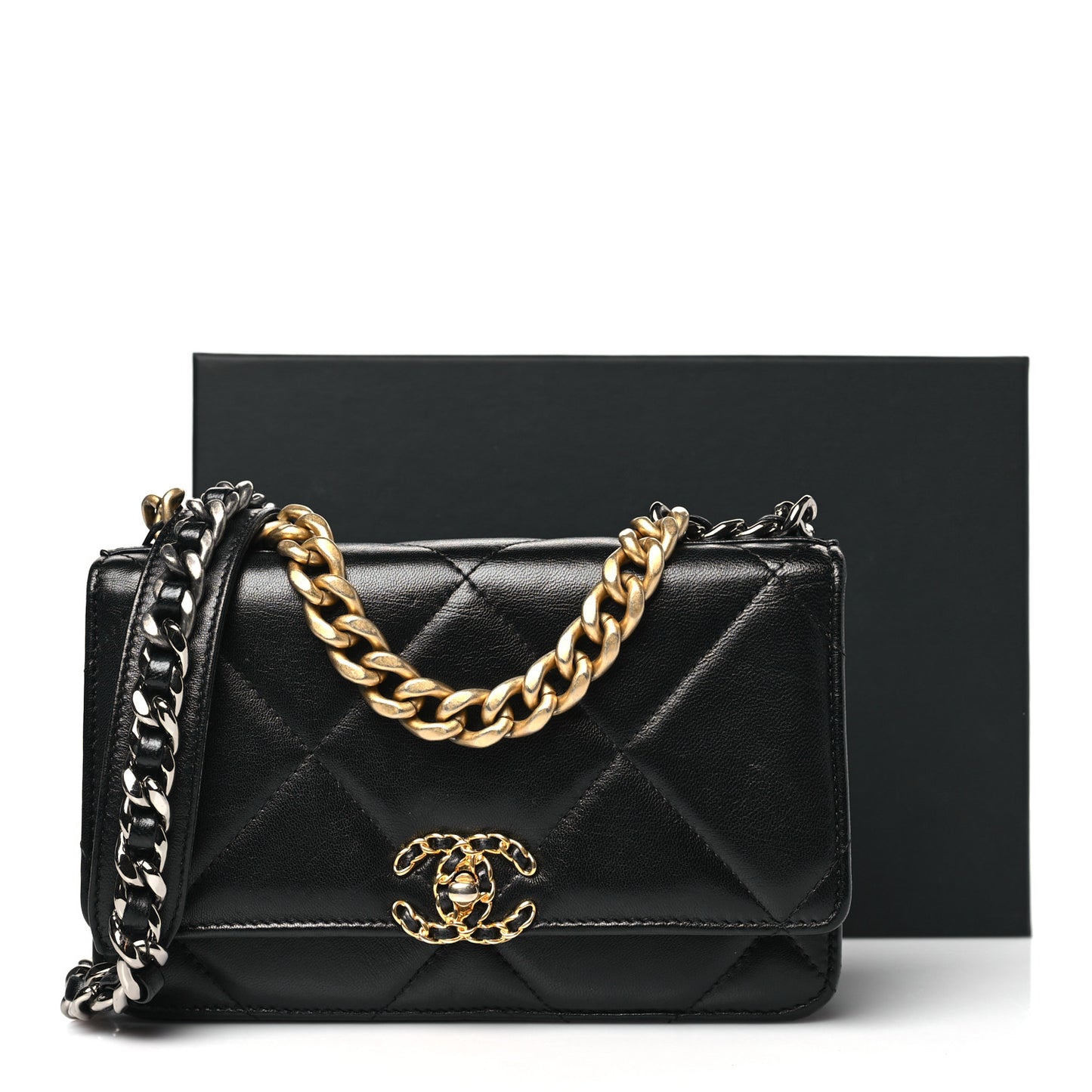 Lambskin Quilted Chanel 19 Wallet On Chain WOC Black