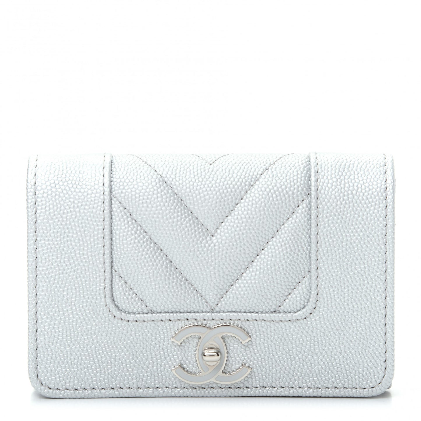 Metallic Caviar Chevron Quilted Vintage Mademoiselle Flap Card Holder Silver