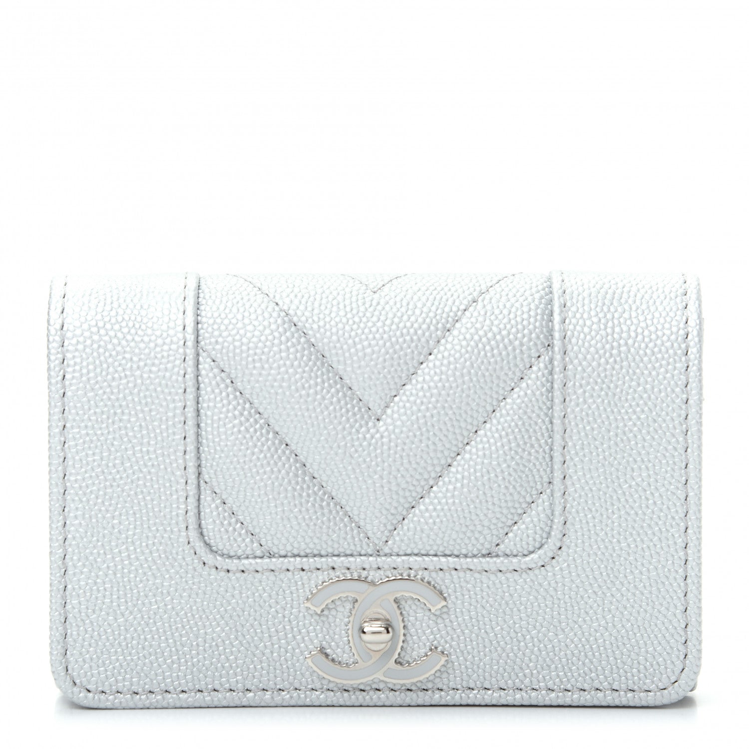 Chanel Metallic Caviar Chevron Quilted Vintage Mademoiselle Flap Card Holder Silver 1 of 9