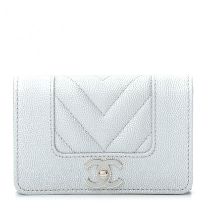 Chanel Metallic Caviar Chevron Quilted Vintage Mademoiselle Flap Card Holder Silver 1 of 9