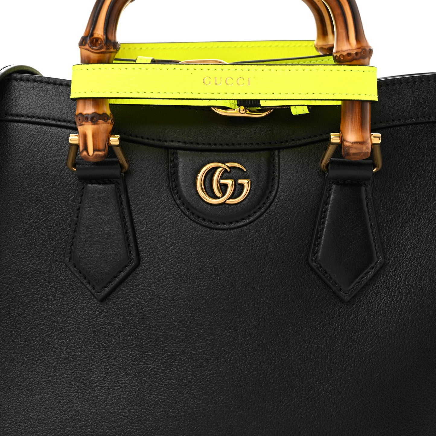 Calfskin Small Diana Tote Bag Black Yellow Fluo