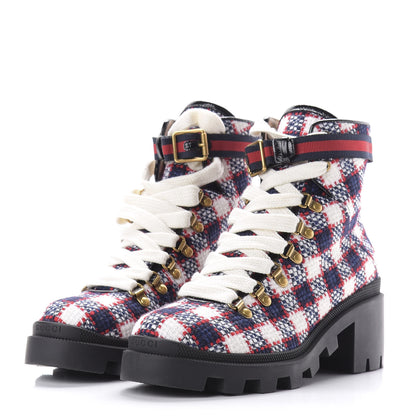 Gucci Vintage Tweed Check Lace Up Combat Ankle Boots 40 White Hibiscus Red Marine 3 of 10