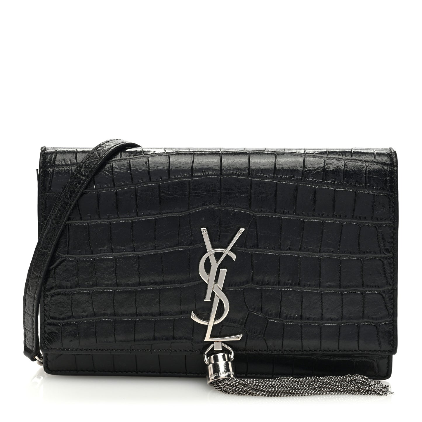 Calfskin Crocodile Embossed Kate Monogram Tassel Chain Wallet Black