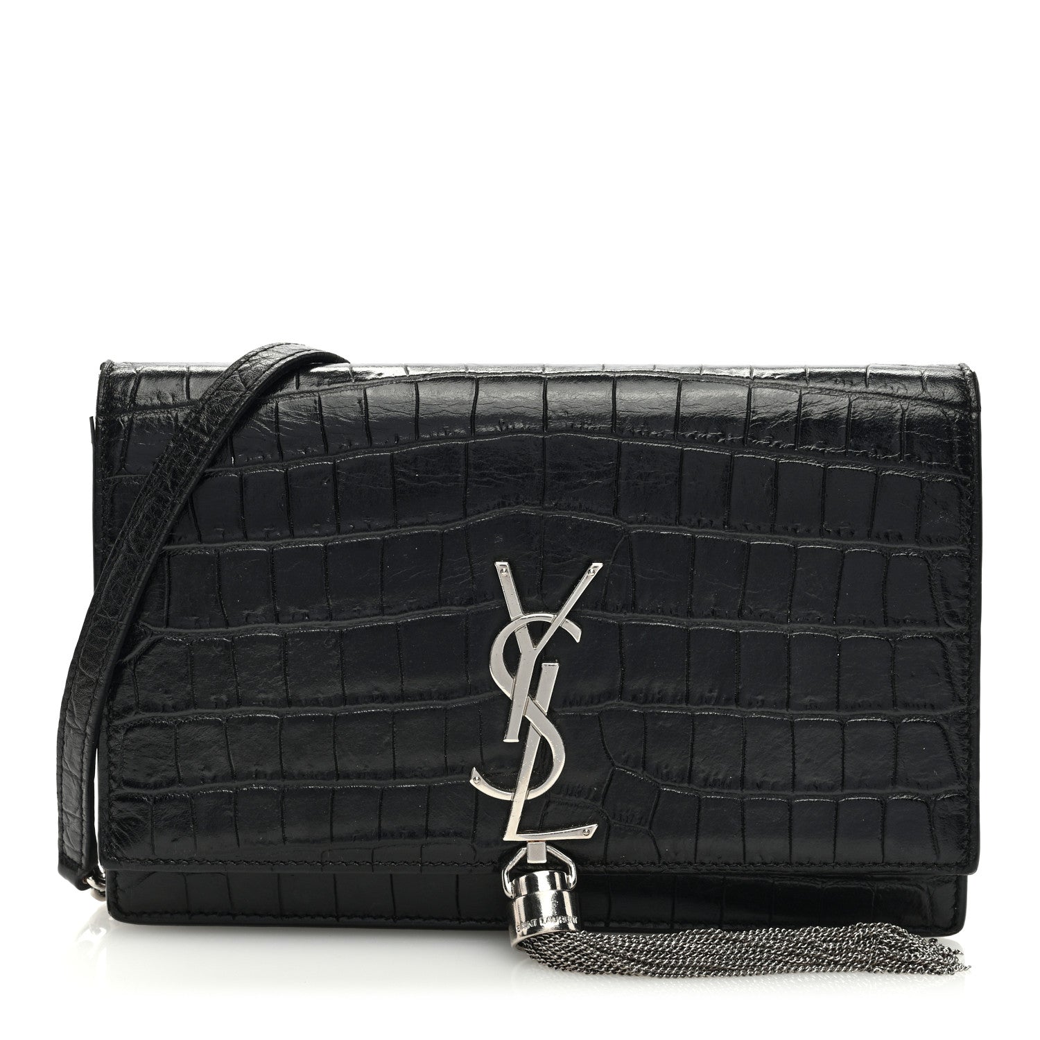 Saint Laurent Calfskin Crocodile Embossed Kate Monogram Tassel Chain Wallet Black 1 of 10
