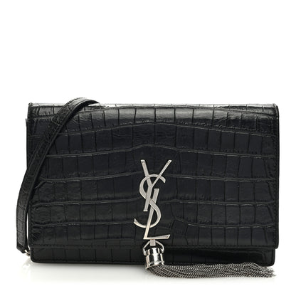 Saint Laurent Calfskin Crocodile Embossed Kate Monogram Tassel Chain Wallet Black 1 of 10