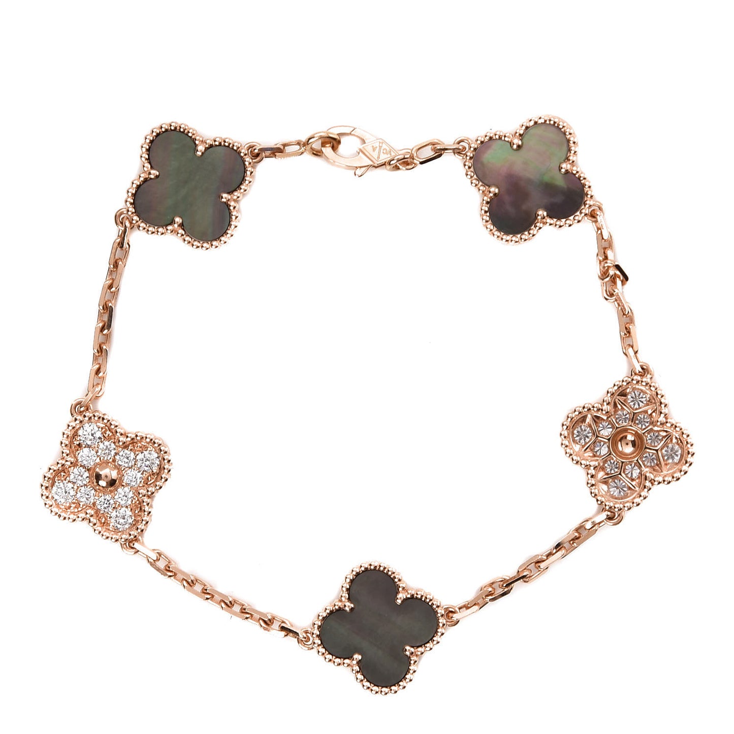 18K Rose Gold Diamond Gray Mother of Pearl 5 Motifs Vintage Alhambra Bracelet
