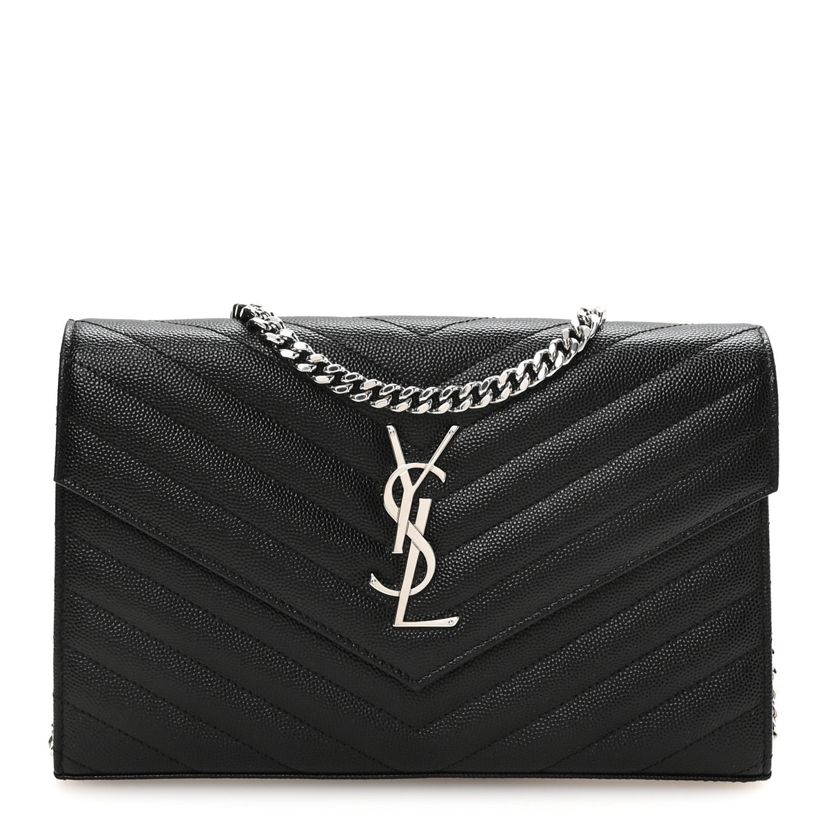 Saint Laurent Grain De Poudre Matelasse Chevron Monogram Chain Wallet Black 1 of 11